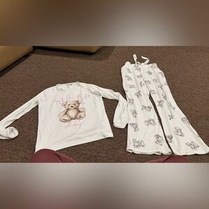 EUC Censored Women's M White & Pink Teddy Bear Pajama 2pc Set